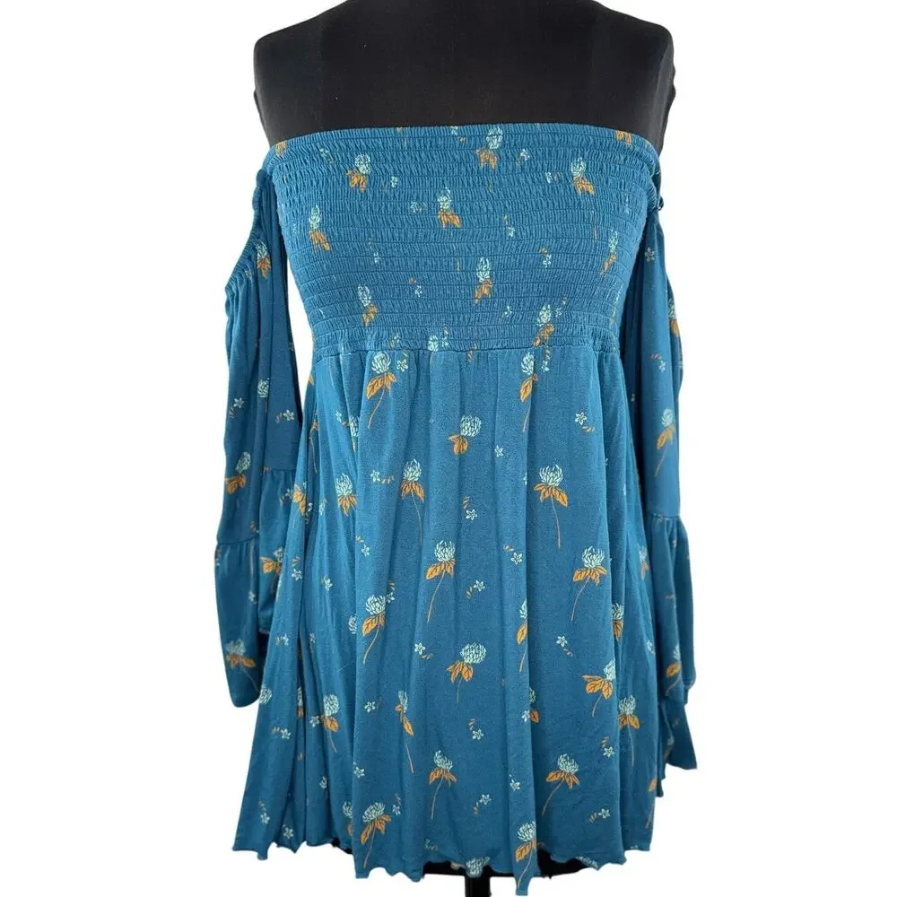 FREE PEOPLE Lana Teal Tunic Top Floral Smocked Off Shoulder Bell Sleeve Sz Large